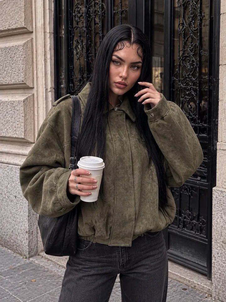 Green Suede Bomber Jacket