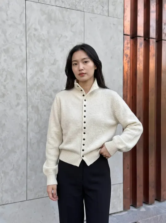 Ivory Knit Cardigan with Contrast Buttons