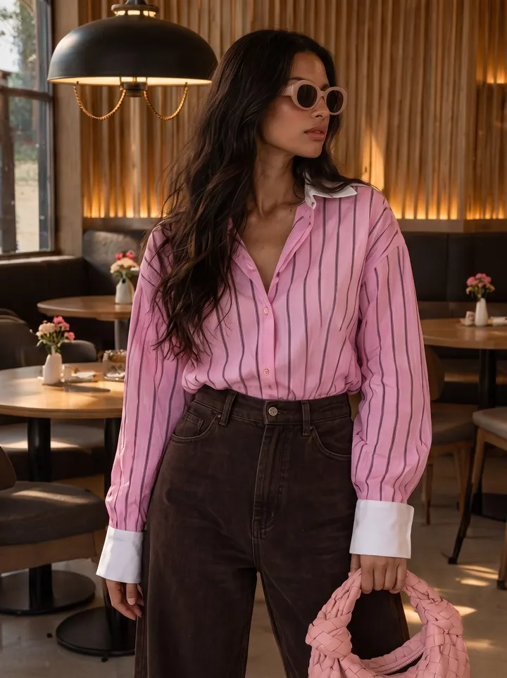 Pink Striped Shirt with White Collar & Cuffs